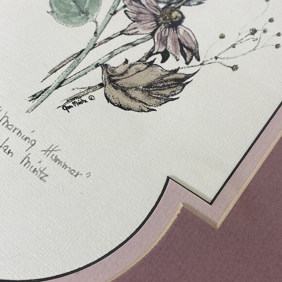 Jan Mintz Pen Ink Watercolor Morning Hummer Flowers Hummingbird Framed Art - Picture 9 of 12